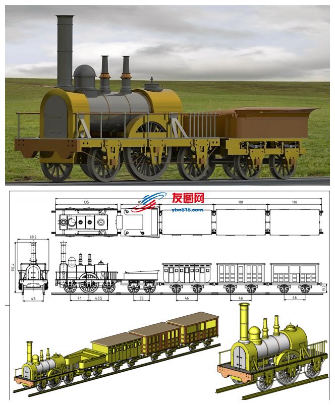 蒸汽机车模型3D图纸 Solidworks设计 附平面图